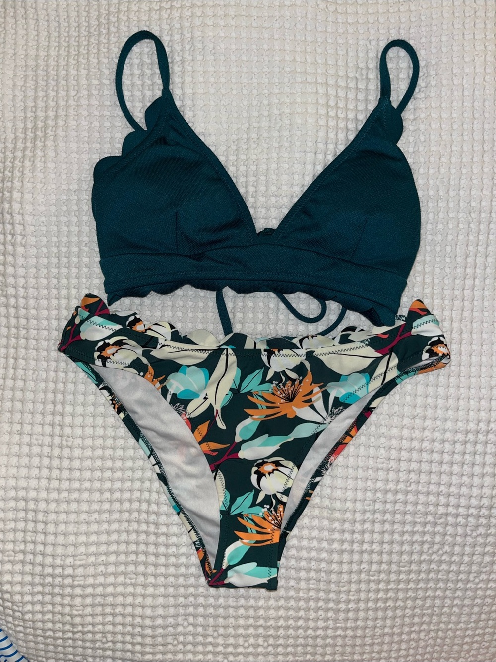Cupshe Dark Teal Bikini Set with Floral Print Bottoms